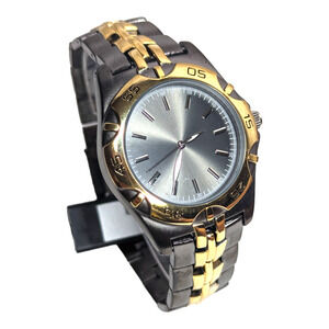 Two‎ Tone Gray Face Silver Dial Men's Quartz Movement Stainless Steel Wristwatch